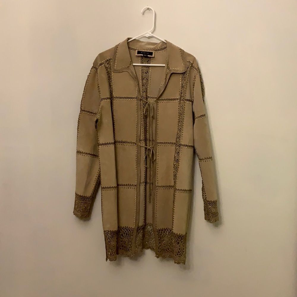 Static vintage suede, crochet jacket with front ties. Crochet cuffs and hem. L